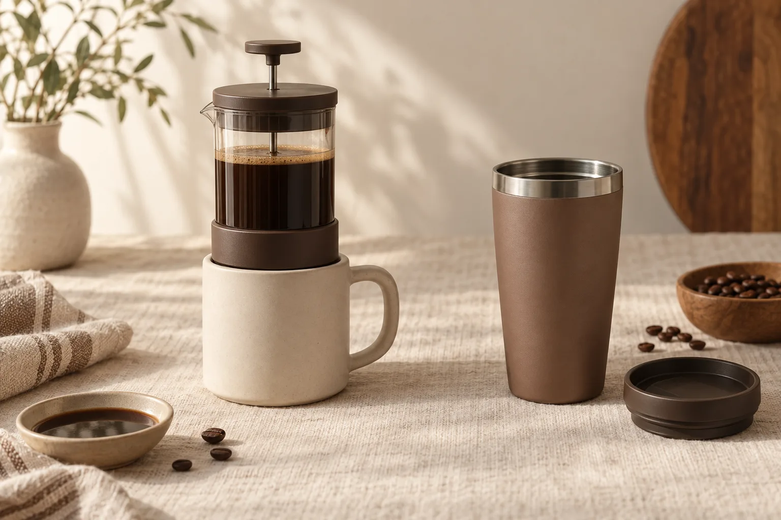 Plain camping mug and insulated cup beside a ruler on a wooden table