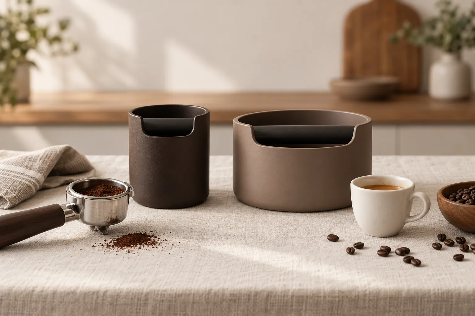 Unbranded portafilter, spent espresso pucks, brush, and folded cloth on a small kitchen counter