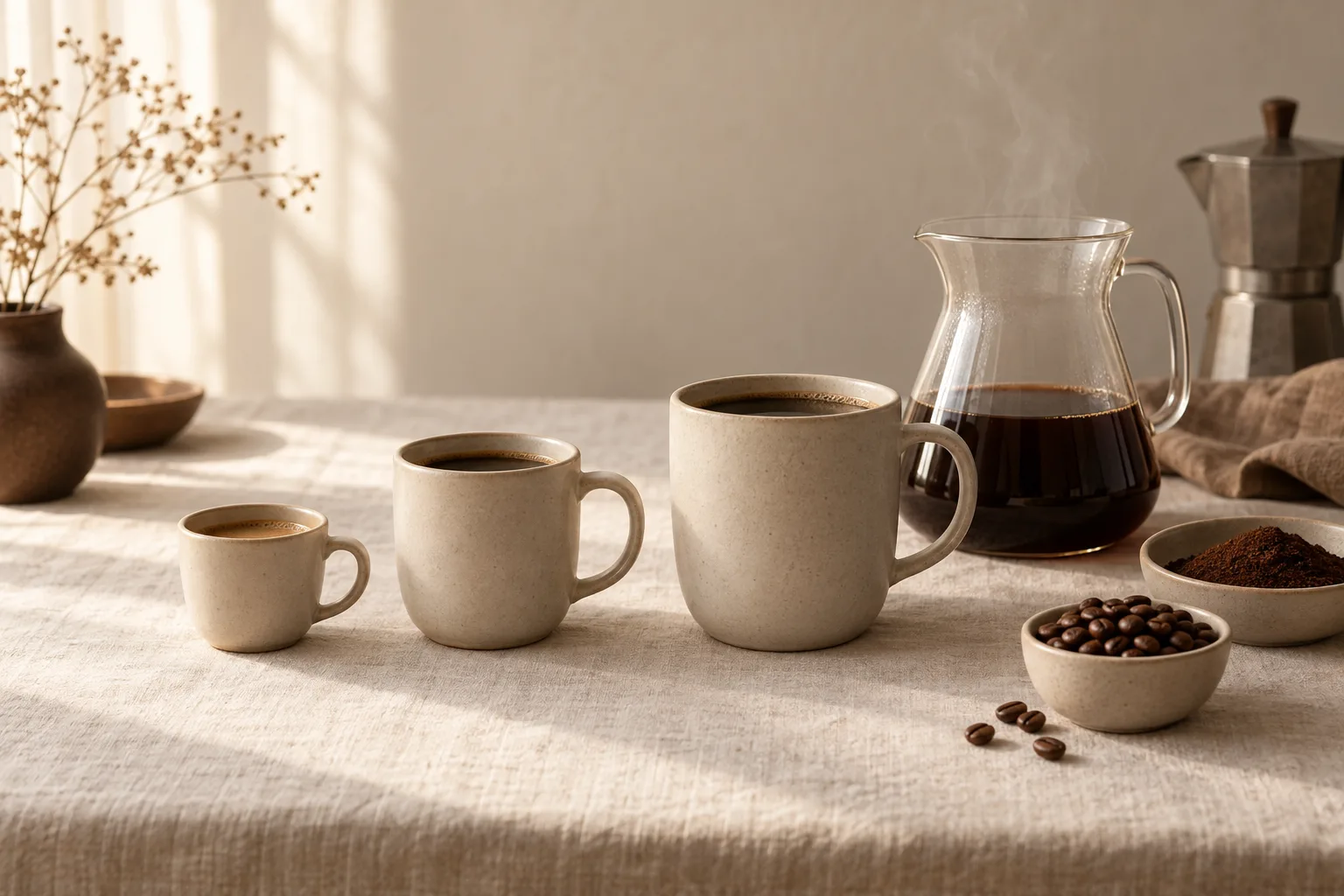 Small plain coffee cups and a larger ceramic mug beside an unbranded stovetop coffee vessel