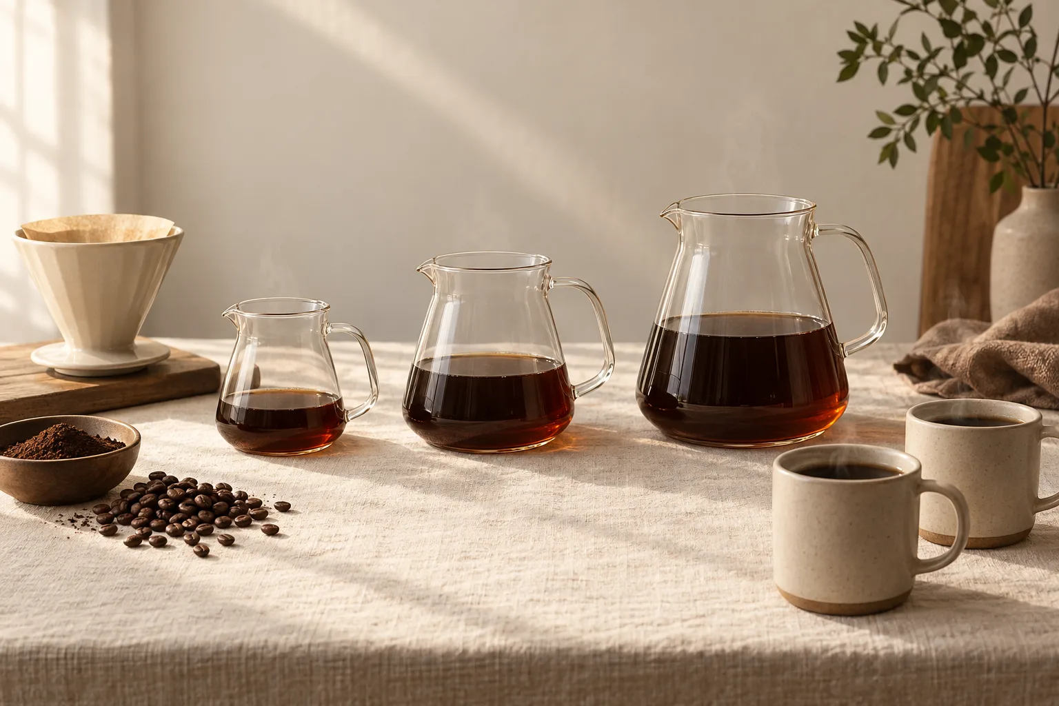 Unbranded glass coffee server beside two mugs and a pour-over setup on a kitchen counter