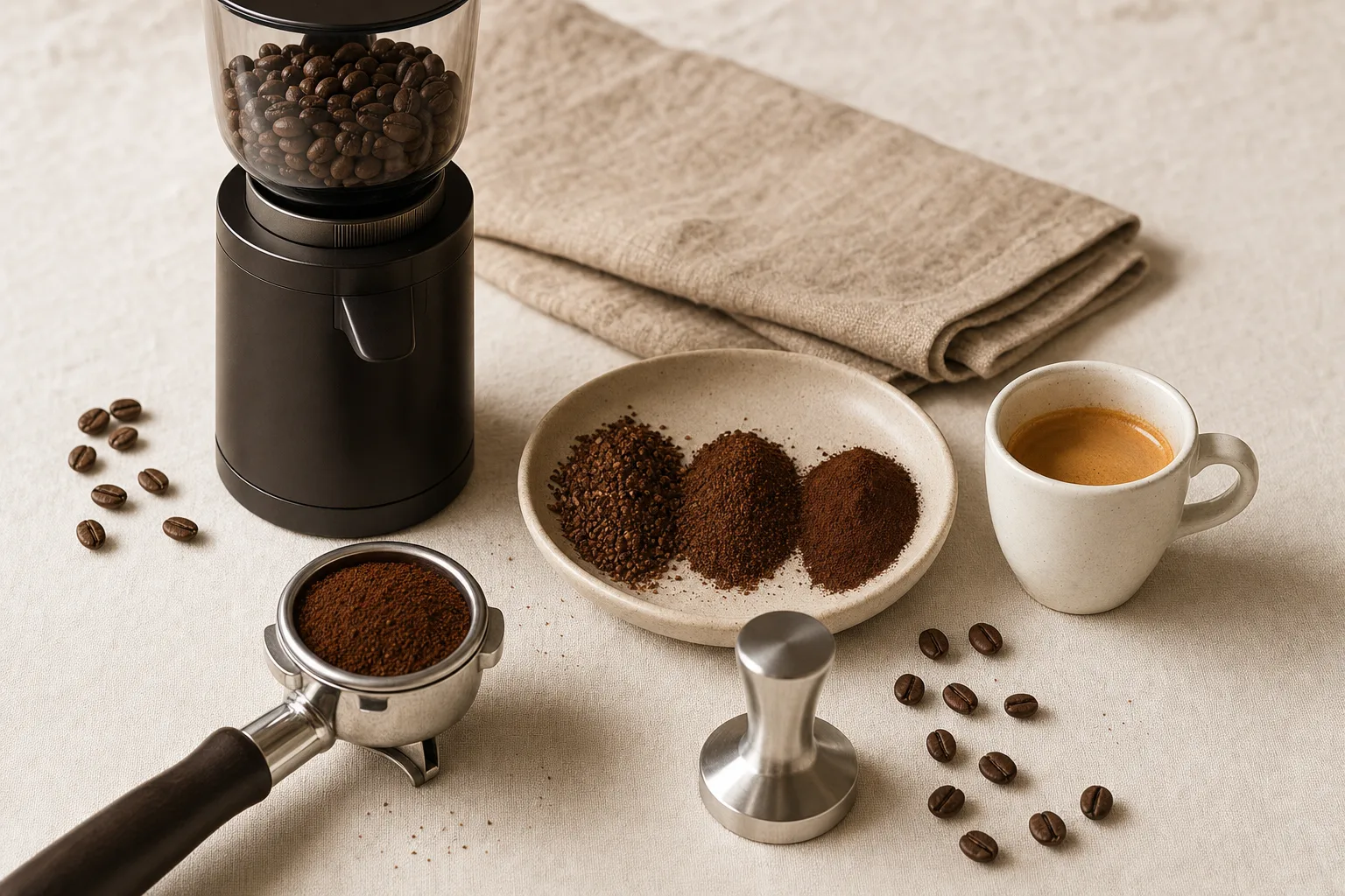 Unbranded espresso setup with a plain burr grinder, portafilter, and coffee beans on a warm kitchen counter