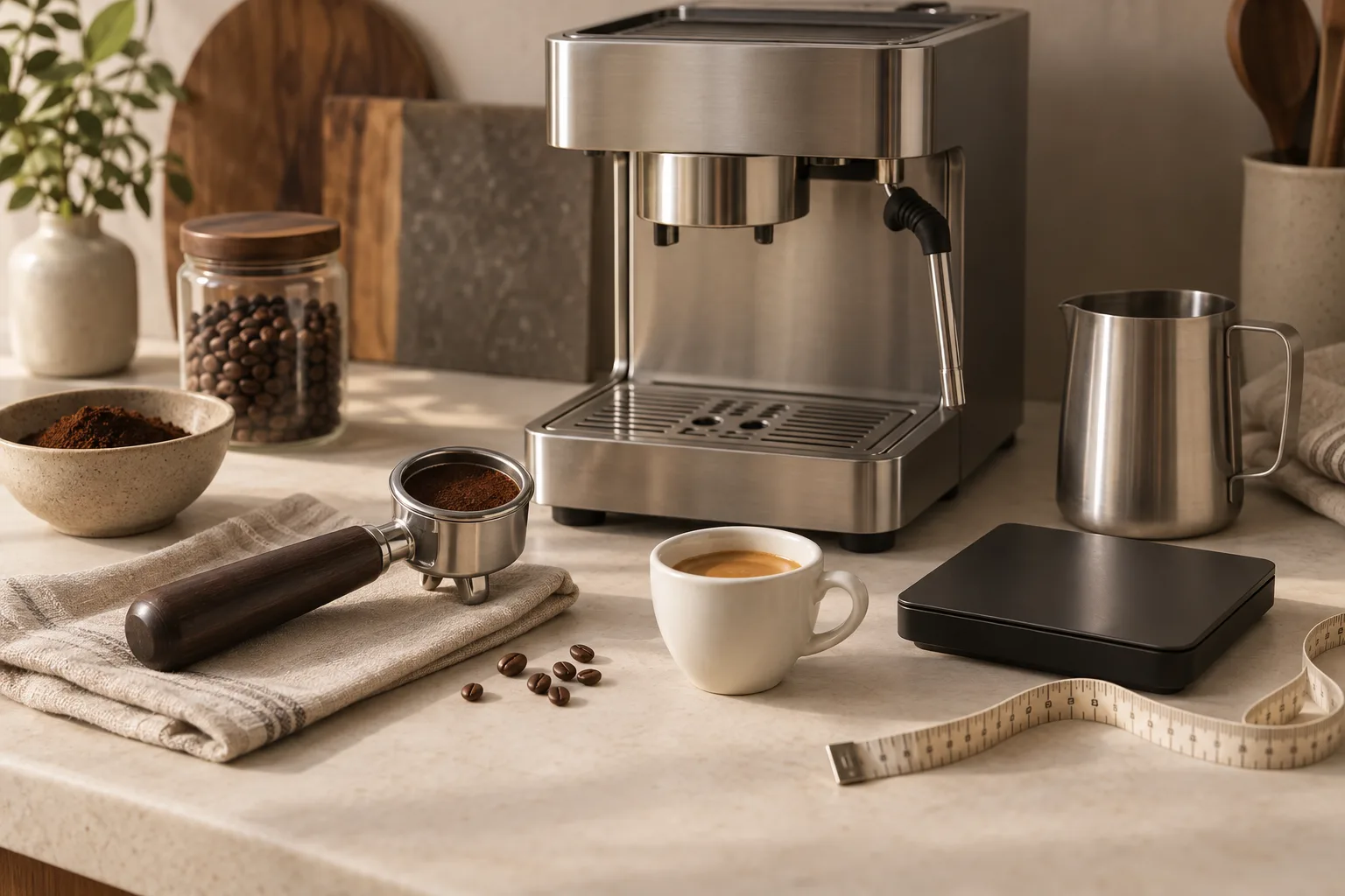 A plain espresso cup, blank stainless milk pitcher, and portafilter beside a measuring tape on a kitchen counter.