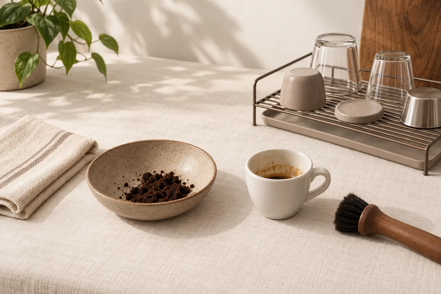 Unbranded espresso cleanup tools and a drying cloth beside a kitchen sink