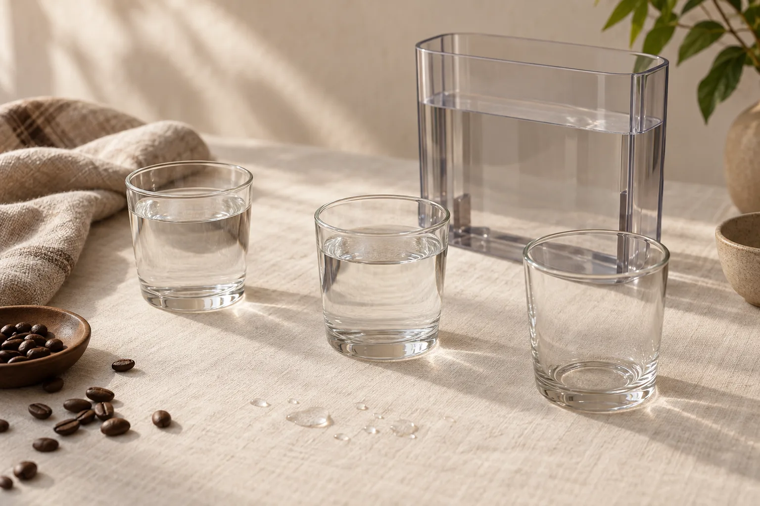 Plain glass cups of water beside a soft cloth on a clean kitchen counter