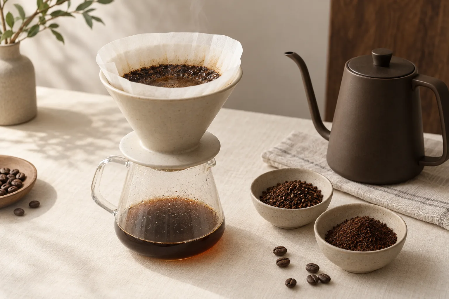 Unbranded pour-over brewer with wet coffee grounds and spare paper filters on a kitchen counter