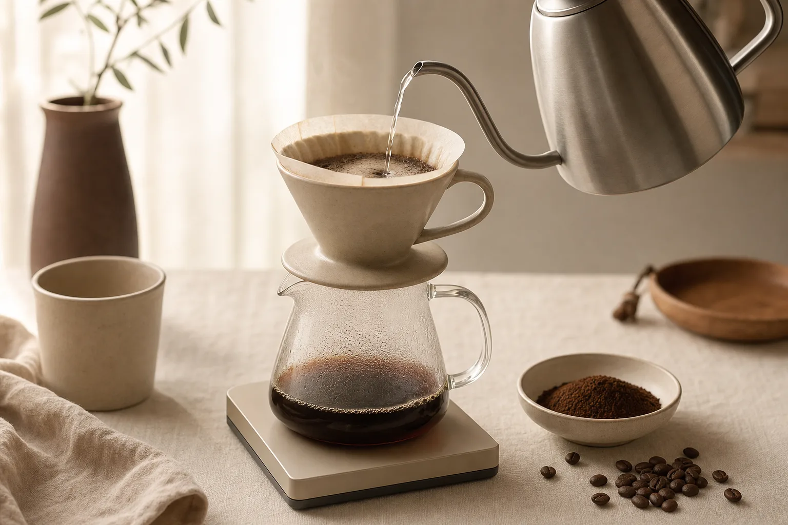 A person pouring water into an unbranded dripper over a glass carafe on a warm kitchen counter