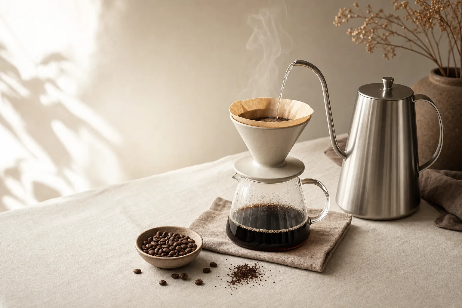 A plain stainless steel pouring kettle and ceramic dripper on a warm kitchen counter