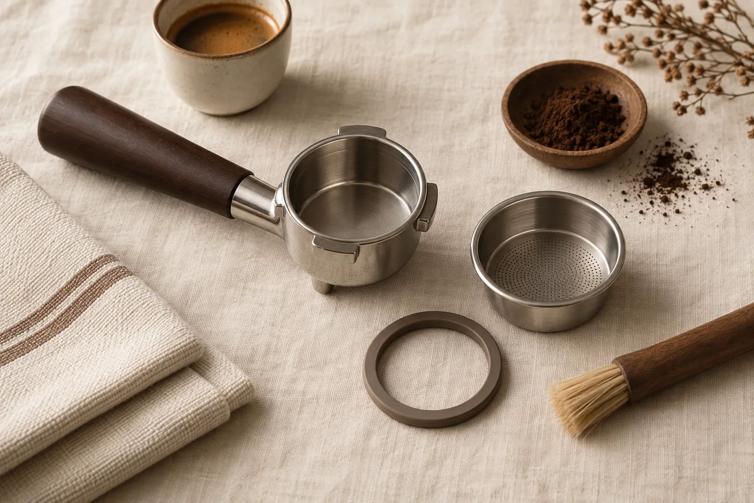 An unbranded portafilter and separate basket beside a soft brush and folded cloth on a coffee counter