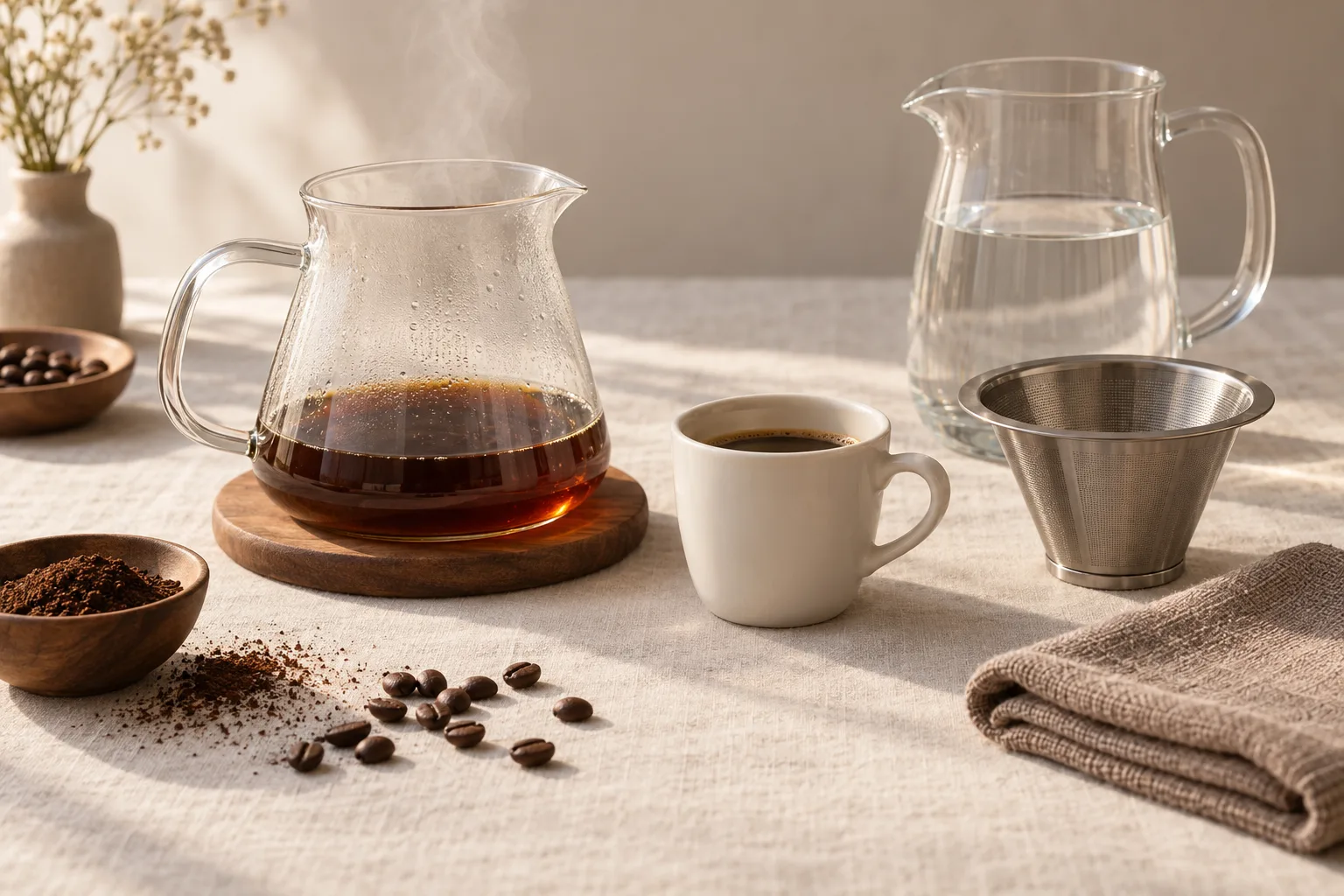Plain coffee carafe, espresso cup, soft cloth, and water pitcher on a kitchen counter