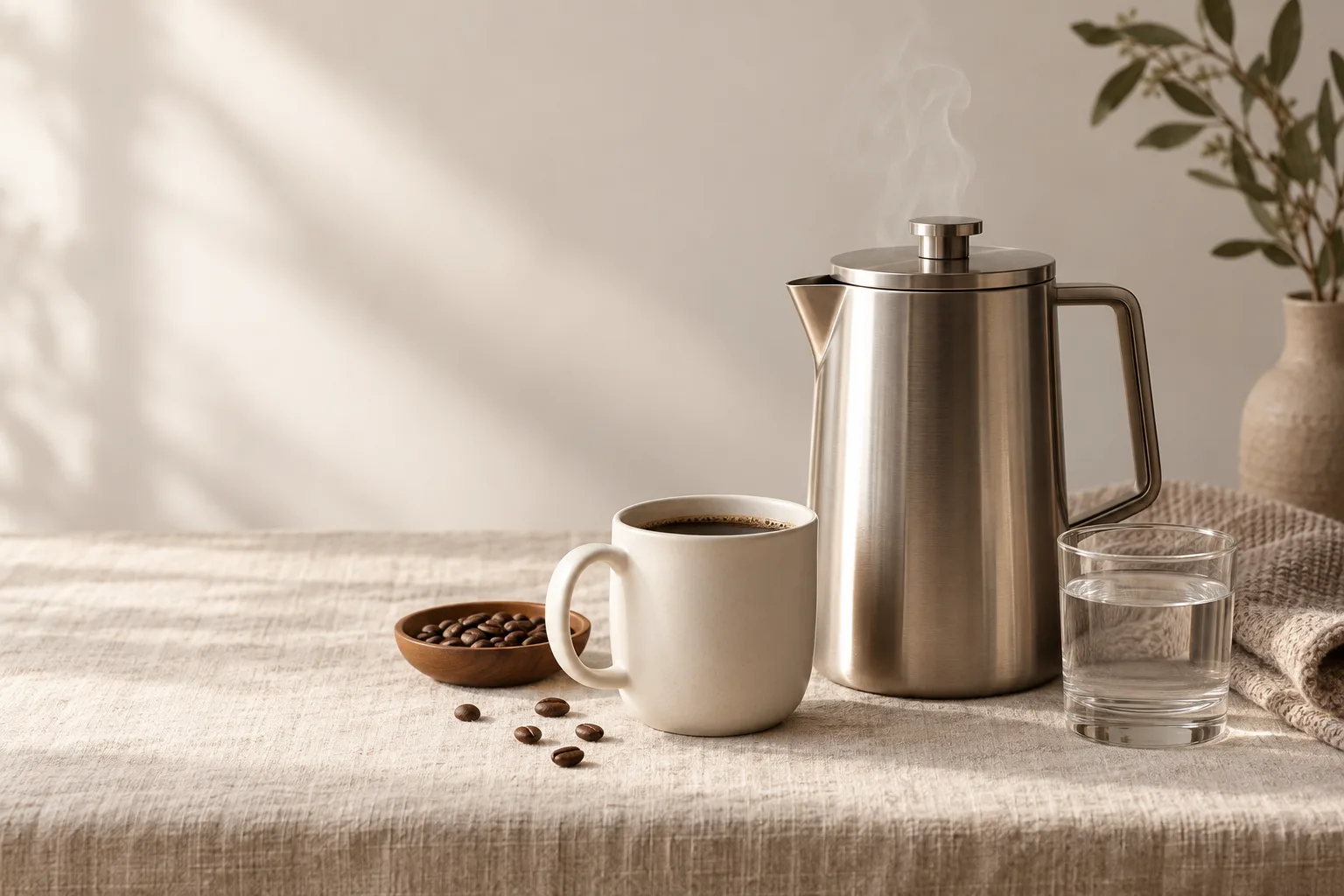 A generic coffee-brewing still life with a steaming stainless vessel, white cup, glass of water, towel, and scattered beans on a warm linen surface.