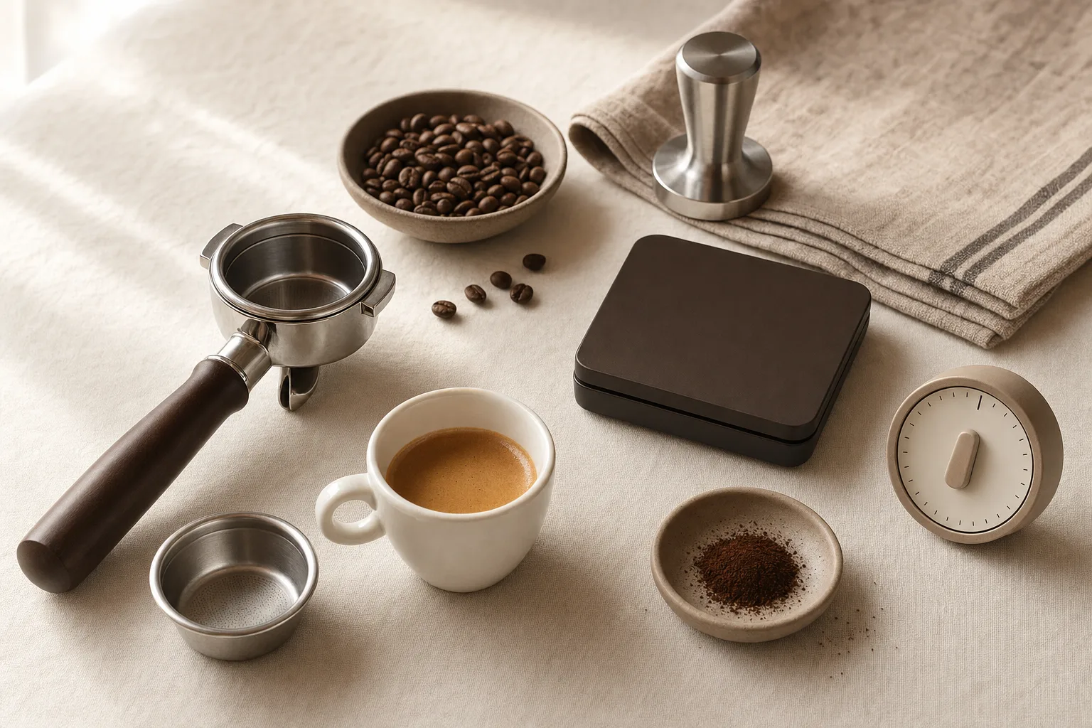 Unbranded espresso setup with a clean portafilter, scale, timer, and small cup on a warm kitchen counter