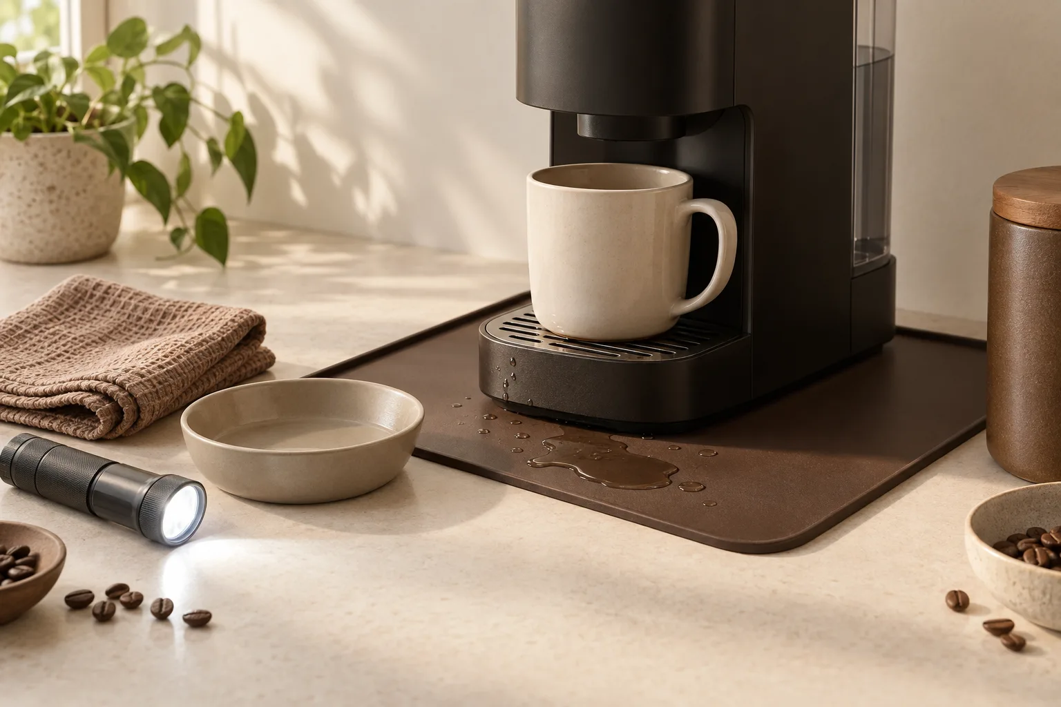 Folded towel, flashlight, and plain coffee cup beside a damp countertop mat