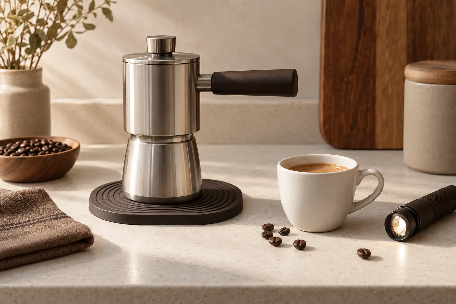 Plain rubber equipment mat, flashlight, and espresso cup on a clear kitchen counter