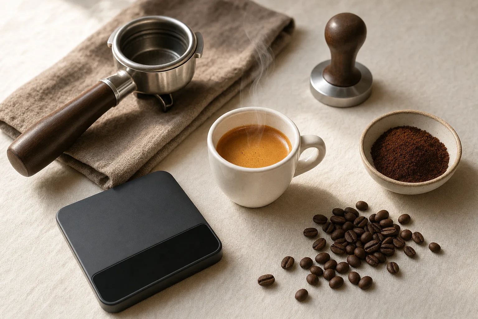Unbranded espresso setup with a scale, portafilter, and small cup ready for dialing in a sour shot