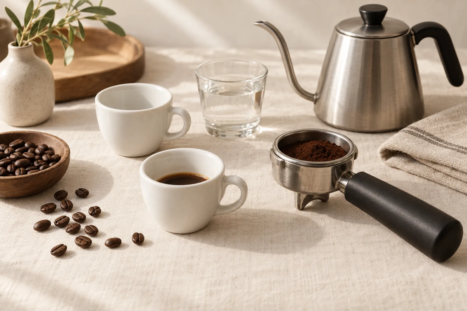 Plain ceramic espresso cup and unmarked metal filter holder on a dry kitchen counter