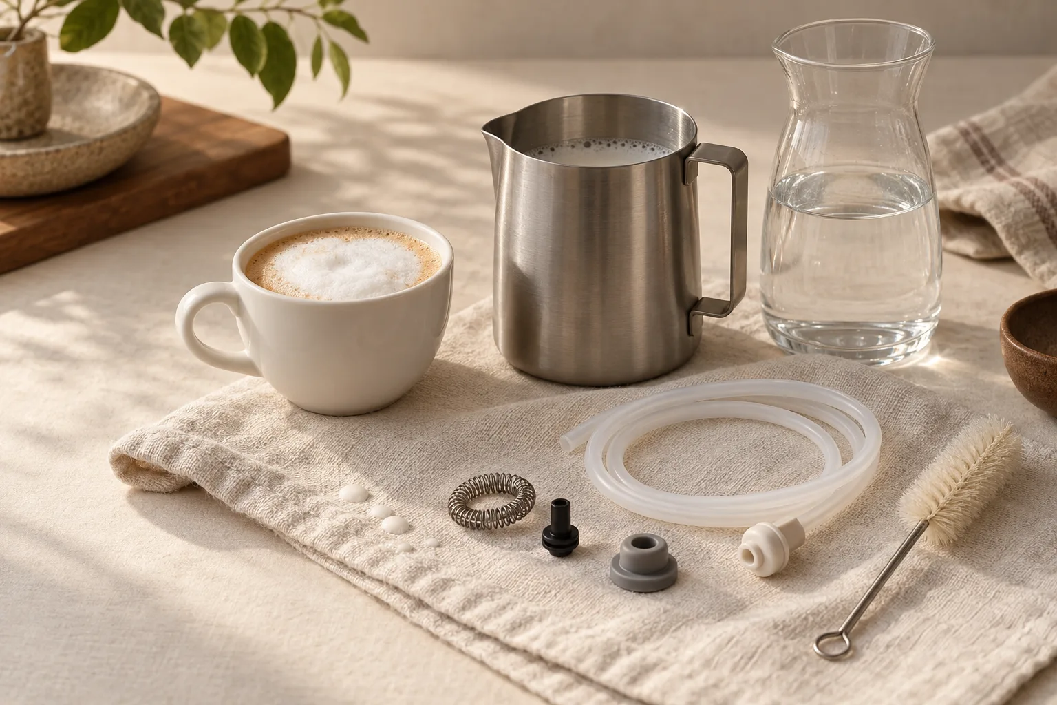 Plain milk pitcher, clear water vessel, and clean cloth beside an unbranded cappuccino cup