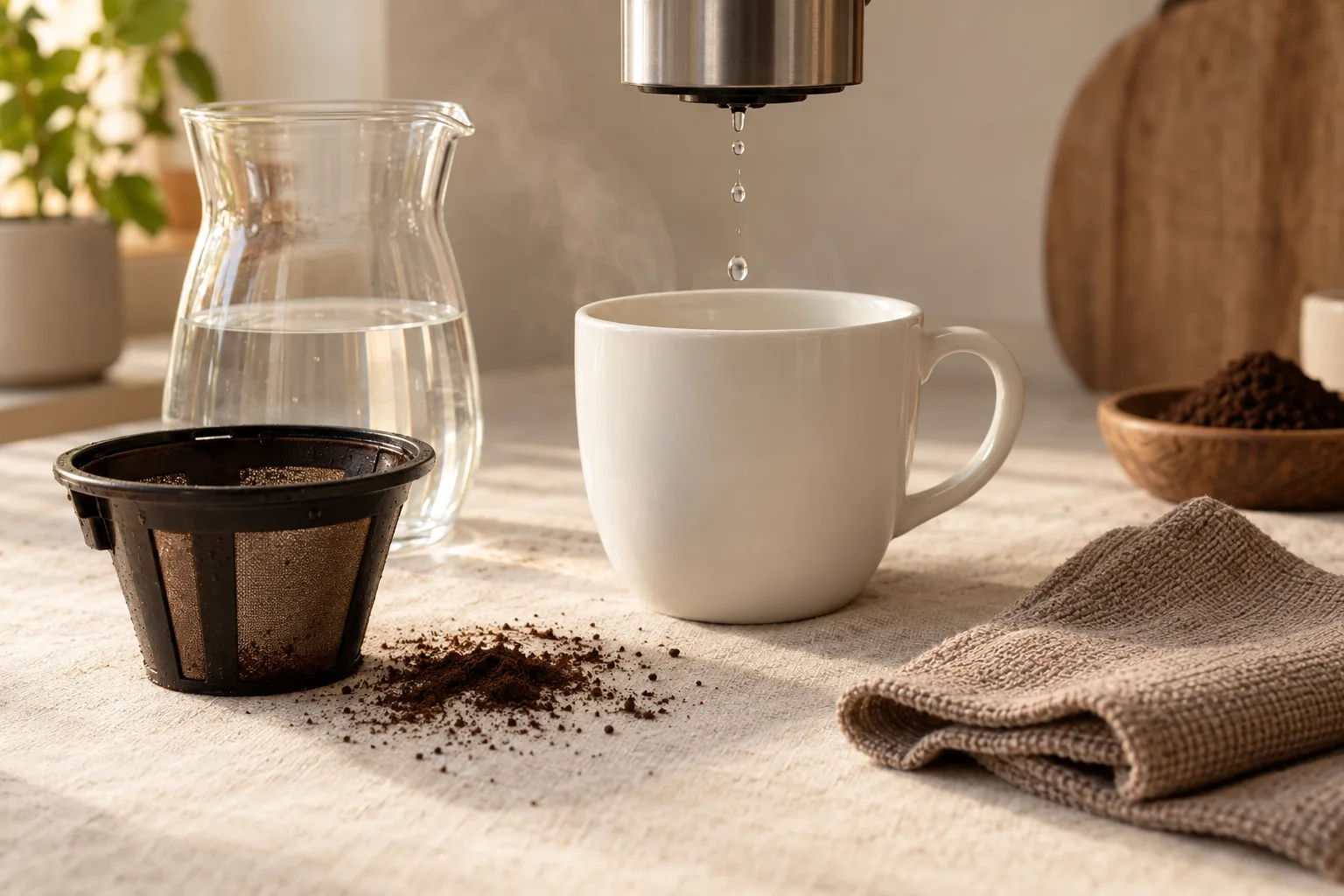 Plain water jug, empty ceramic cup and soft cleaning cloth on a kitchen counter