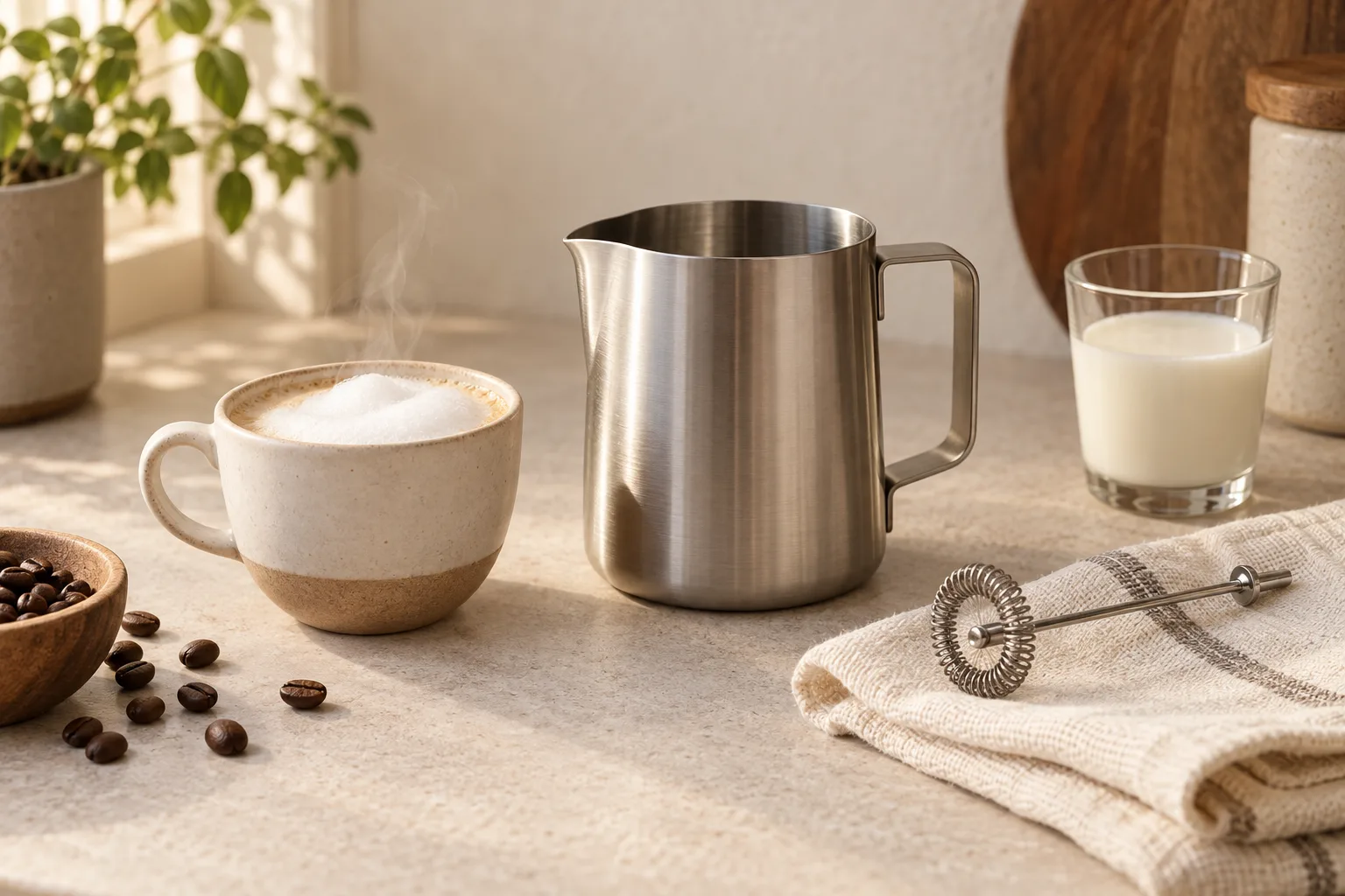 Unbranded milk pitcher, detached whisk, soft cloth, and latte cup on a kitchen counter