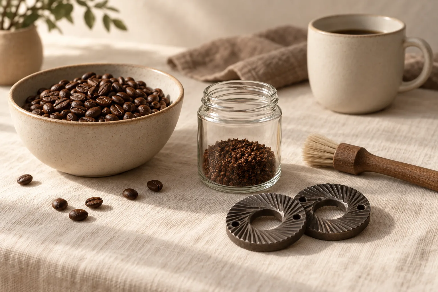 A generic coffee troubleshooting scene with whole beans, a small jar of grounds, a dry cleaning brush, and plain grinding discs on warm linen.
