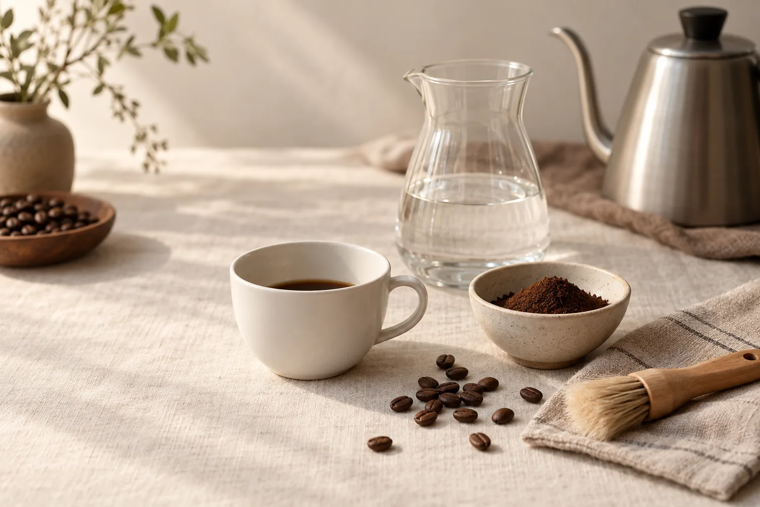 Generic coffee troubleshooting scene with a partially filled cup, clear water carafe, coffee grounds, beans, and a soft cleaning brush on cream linen.