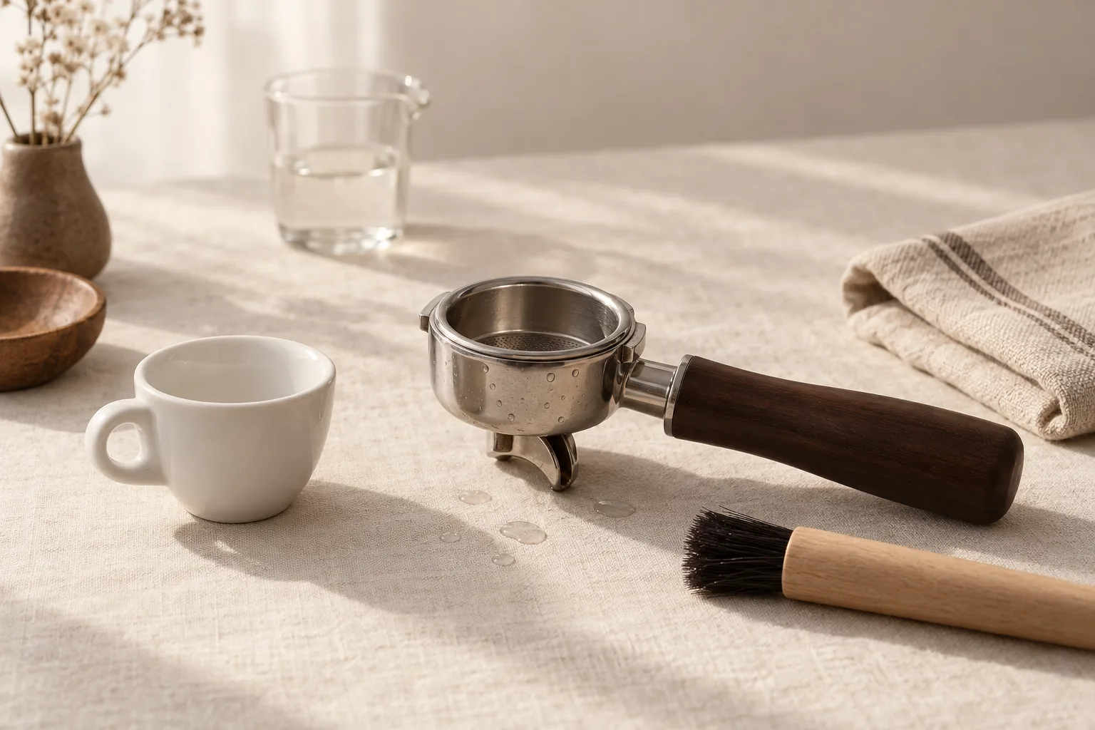 A plain portafilter, soft cleaning brush and folded cloth on a dry kitchen counter.